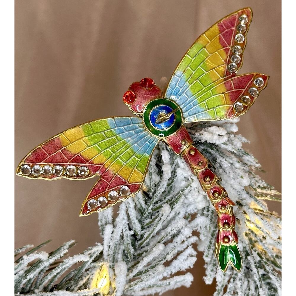 Cloisonné Rainbow Enamel Rhinestone Articulated Dragonfly Ornament Pendant